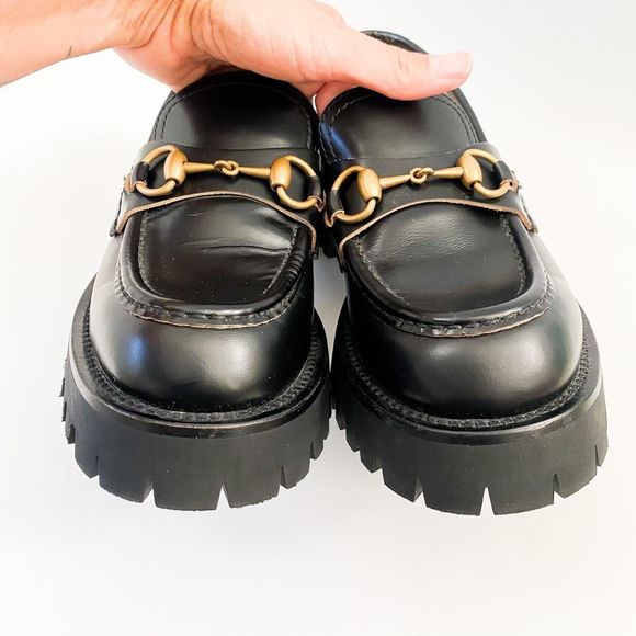 Gucci Loafers Lug Sole Chunky Black Leather Horsebit Size 37.5, 7.5 - Picture 12 of 14